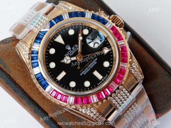 (ROF) Swiss Copy Rolex GMT-Master II Rose Gold Diamonds Watch Custom Made 1