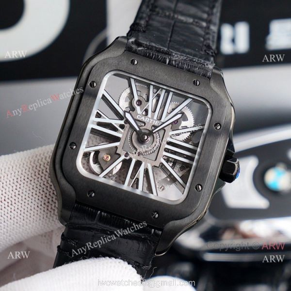 (TW ) Skeleton Santos De Cartier In All Black Leather Strap Watch High End Replica For Men 1