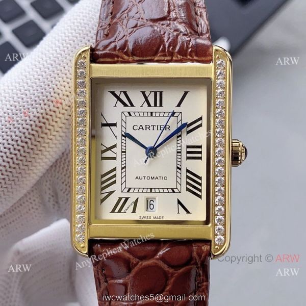 High Quality Replica Rose Gold Cartier Tank Automatic Watch With Diamond Bezel 1