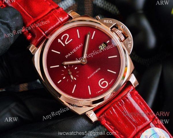 Copy Panerai Luminor Due 42mm Autmatic Watch With A Red Dial Red Leather Strap 1