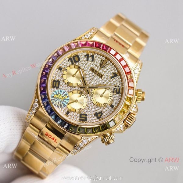 2021 NEW! Swiss Rolex Daytona JH 7750 Watch Rainbow Bezel Arabic Diamond Dial Yellow Gold 1