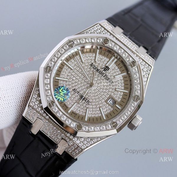 Diamond Audemars Piguet Royal Oak 15400 Watch With Black Leather Strap Best Replica 1
