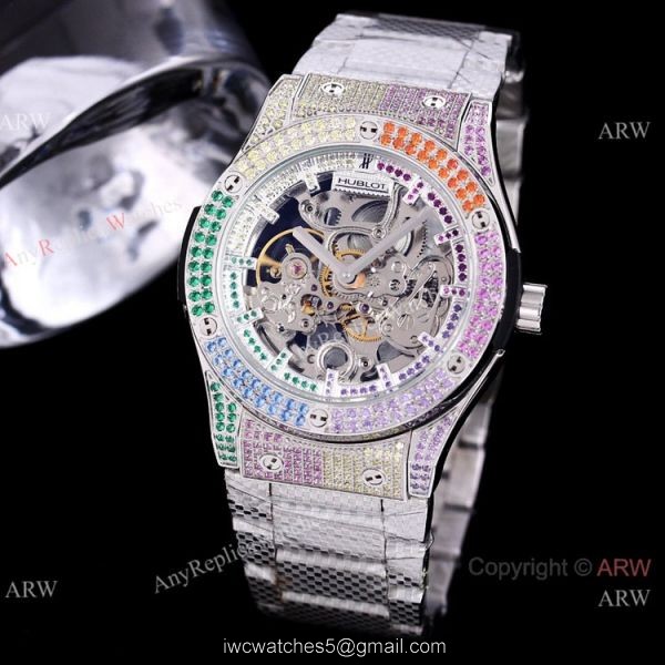 Replica Silver Hublot Skeleton Rainbow Watch 45mm for men 1