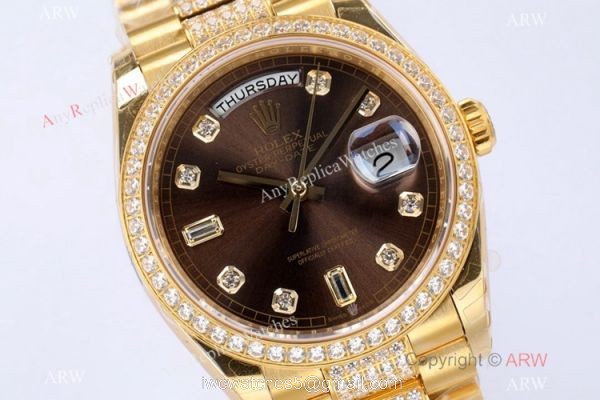 (EW) Swiss 1-1 Replica Rolex 36mm Day-Date Watch Chocolate Dial Center Diamonds Band 1
