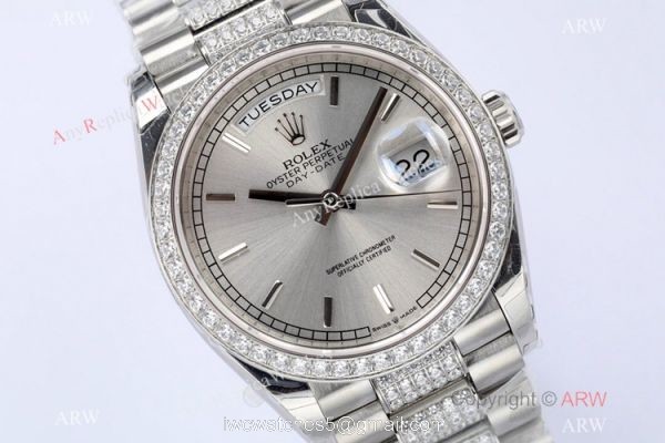 (EWF) Highest Quality Rolex Day-Date Wrist 36mm Silver Dial Center Diamond Band 1