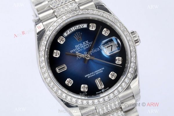 (EWF) Super Clone Swiss 3255 Rolex Day-Date Diamond 36mm Wrist Blue Gradient Center Diamond Strap 1