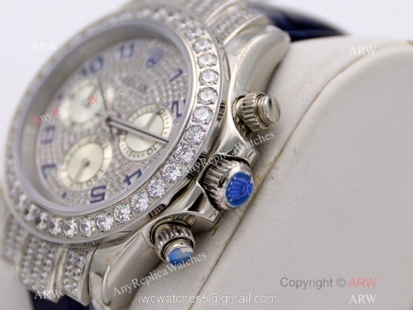 R7 Swiss Replica Rolex Cosmograph Daytona Paved Diamond Watch Blue Leather Strap 1