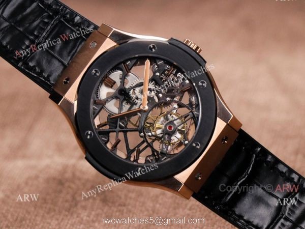 Rose Gold Hublot Classic Fusion Skeleton Tourbillon Black Bezel Watch Best Replica 1