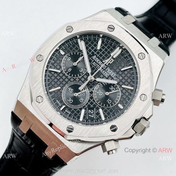 Best Copy Audemars Piguet Chronograph Royal Oak Watch Black Leather Strap 1