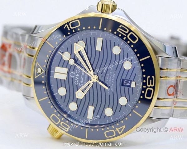 2021 Latest Swiss Omega Seamaster Diver 300M OR Factory 8800 Watch Two Tone Blue Ceramic Bezel 1