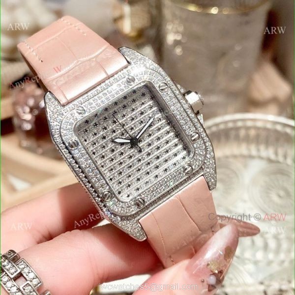 36mm Ladies Cartier Santos 100th Anniversary Full Diamonds Watch Swiss Replica 1