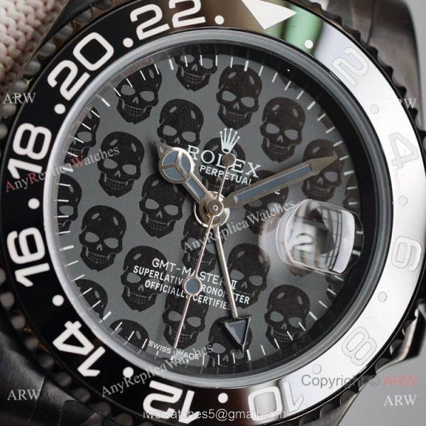 Swiss Copy Rolex Black Blaken GMT-Master II Watch Skull Dial 40mm 1