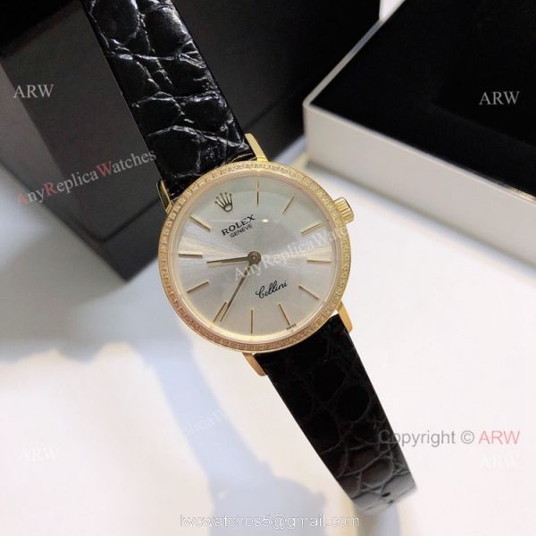 Diamond Rolex Cellini Ladies Leather Strap Yellow Gold Watch Replica 1