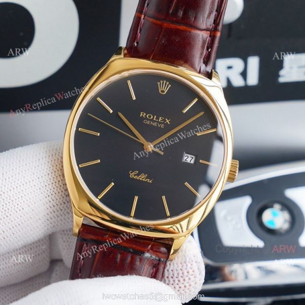 Yellow Gold Rolex Cellini Black Dial Brown Leather Strap Replica Watch 1