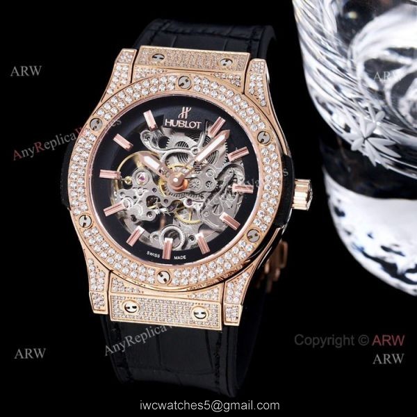 45mm Hublot Big Bang Rose Gold Skeleton Watch With Diamonds For Mens Replica 1