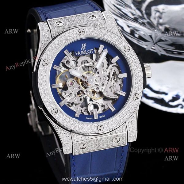 Replica Hublot Big Bang 45mm Skeleton Watch With Diamonds Blue Rubber Band For Men 1