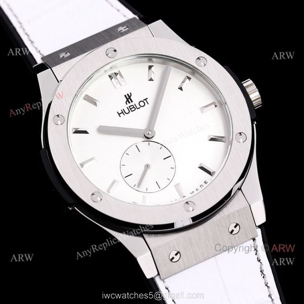 Stainless Steel Hublot Classic Fusion 42mm White Dial White Leather Strap Watch Replica 1