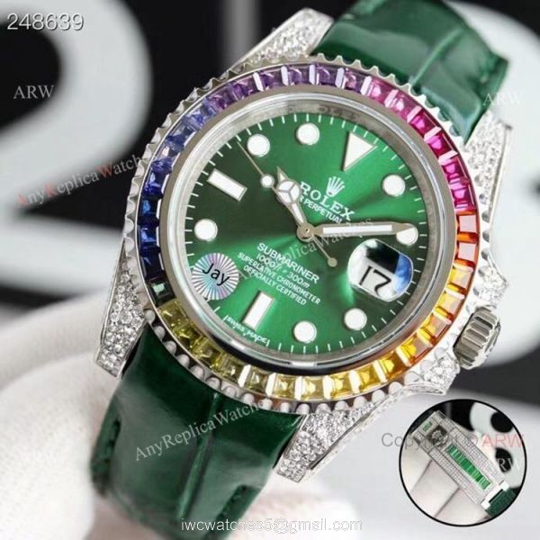 New Rolex Rainbow Submariner Green Dial Green Leather Strap High Copy Swiss Made 1