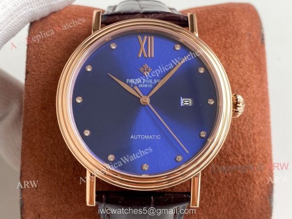 Swiss Replica Patek Philippe Calatrava Classic Watch Blue Face Brown Leather Strap For Men 1
