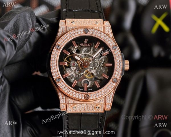 Copy Hublot Classic Fusion Hollow Rose Gold Iced Out Watches 1
