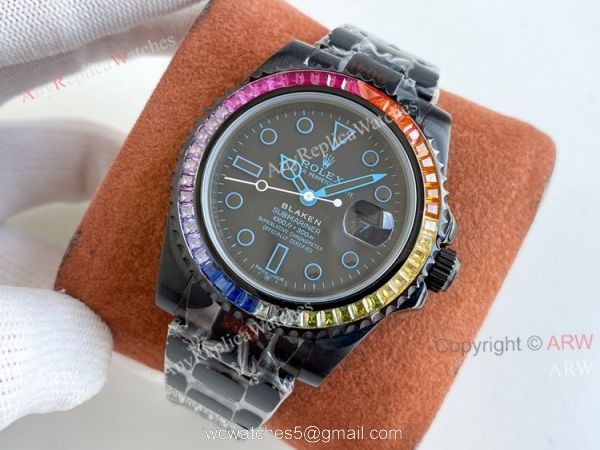 All Black Rolex Blaken Submariner Rainbow Diamond Bezel Blue Markers Swiss Grade Replica Watch 1