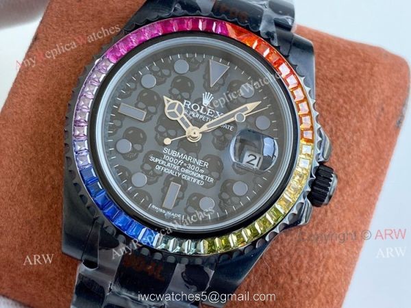 All Black Rolex Submariner Blaken Skull Watch Rainbow Diamond Bezel High Copy 1