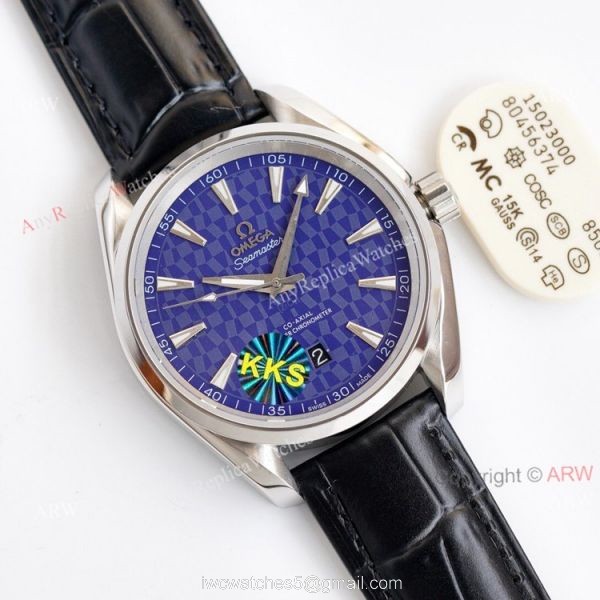 Swiss Grade Omega Aqua Terra 150 Blue Dial Black Leather Strap Copy Watch 41 1