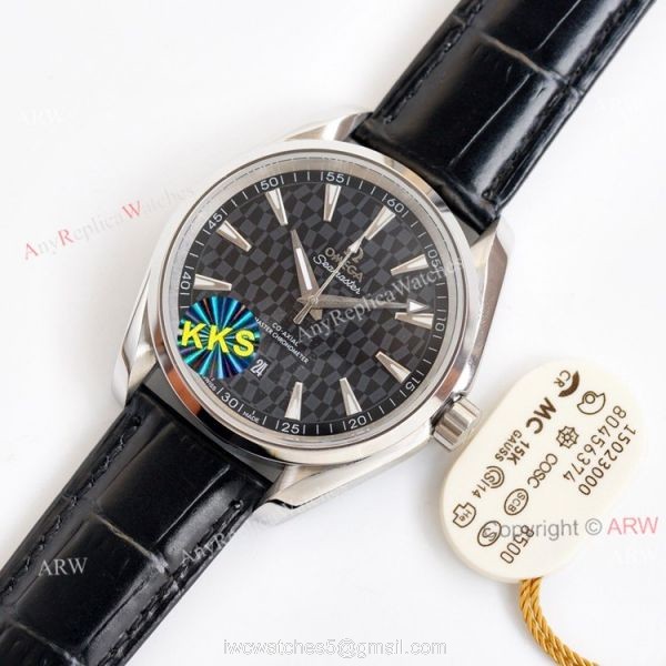 Swiss Quality Omega Aqua Terra Black Dial Black Leather Strap Copy Watch 41 1