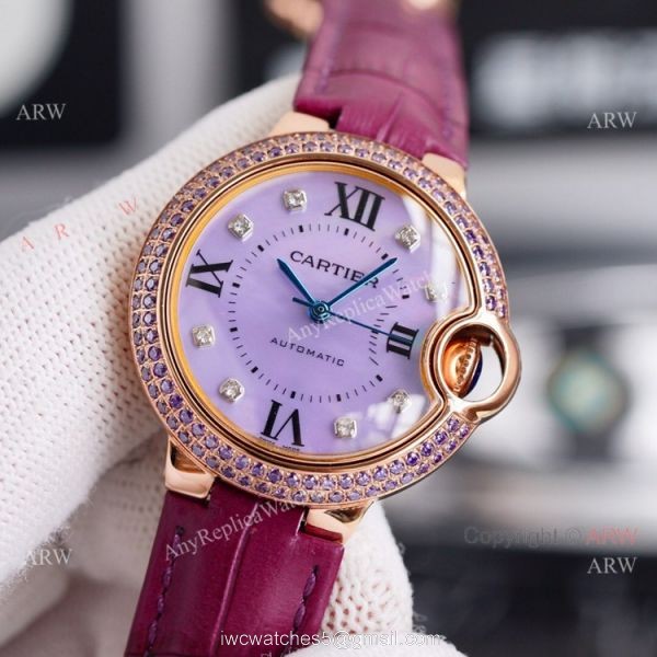 New Ladies Cartier Ballon Bleu 33mm Rose Gold diamond Purple Dial Purple Leather Strap Replica Watches 1