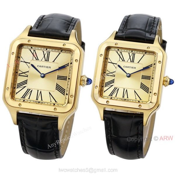 TWF Yellow Gold Cartier Santos-Dumont Gold Face Black Leather Strap Copy Watch For Men And Women 1