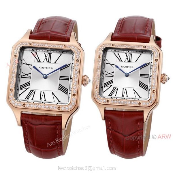 New Faux Cartier Santos-Dumont Rose Gold Couple Watch With Diamonds Bezel Brown Leather Band 1
