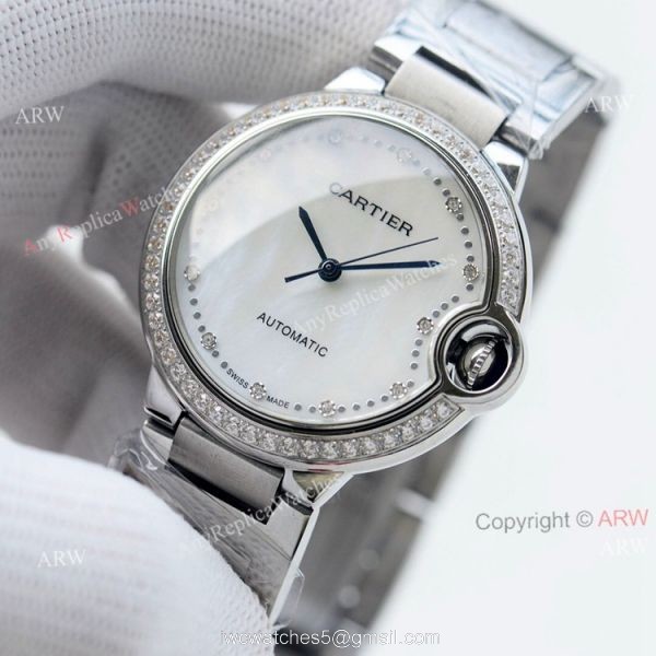 Swiss Quality Cartier Ballon Bleu 36mm White Mop Dial Stainless Steel Copy Watch With Diamonds 1