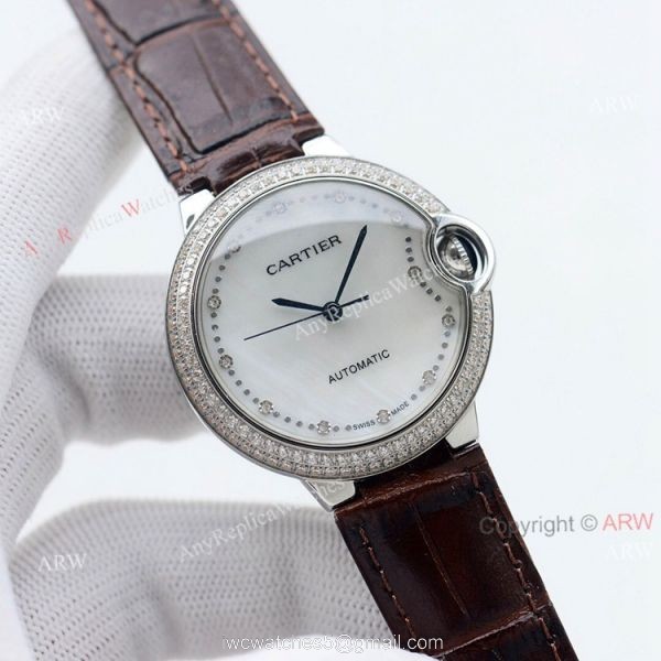 Swiss Quality Knockoff Cartier Ballon Bleu 36mm Automatic Watch With Diamond Bezel Black Leather Strap 1