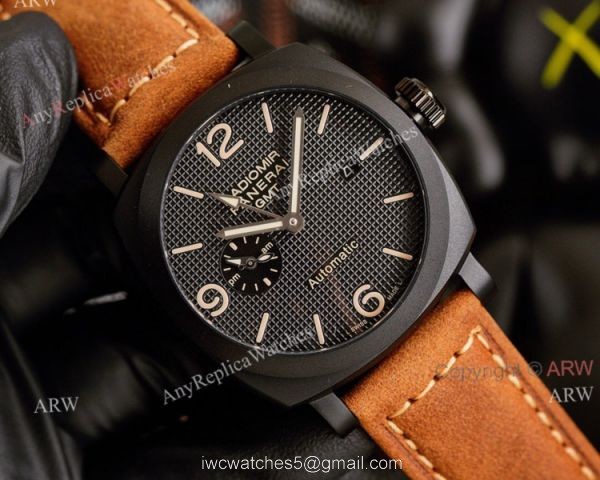 All Black Panerai Radiomir GMT Automatic Watch 45mm Brown Leather Strap High Copy 1
