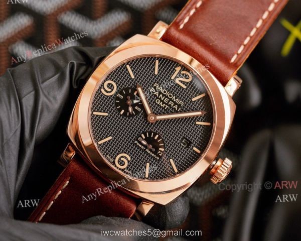 High Quality Replica Panerai Radiomir GMT Black Dial Rose Gold Watch 45mm Brown Leather Band 1