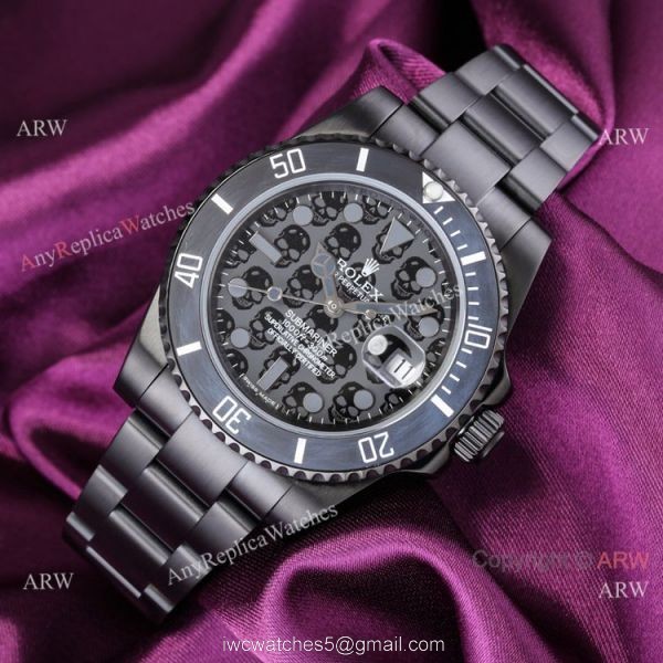 2021! Swiss Rplica Rolex Submariner Blaken Skull Cal.2824 DLC Steel Ceramic Bezel 40mm 1