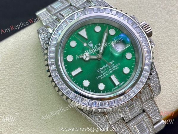 Swiss Replica Rolex Submariner 2836 Iced Out Watch 904L Stainless Steel Green Face 40mm 1