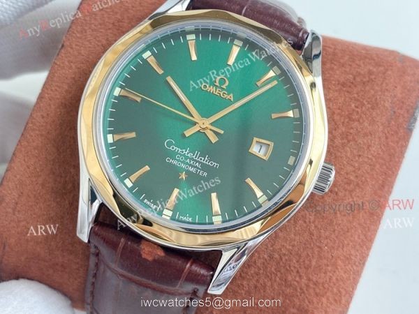 Copy Omega Constellation Green Dial Stainless Steel Brown Leather Strap Men Watch 1
