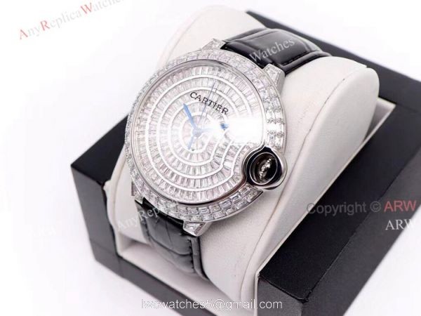 Iced Out Cartier Ballon Bleu 42mm Black Leather Strap Watch Replica 1