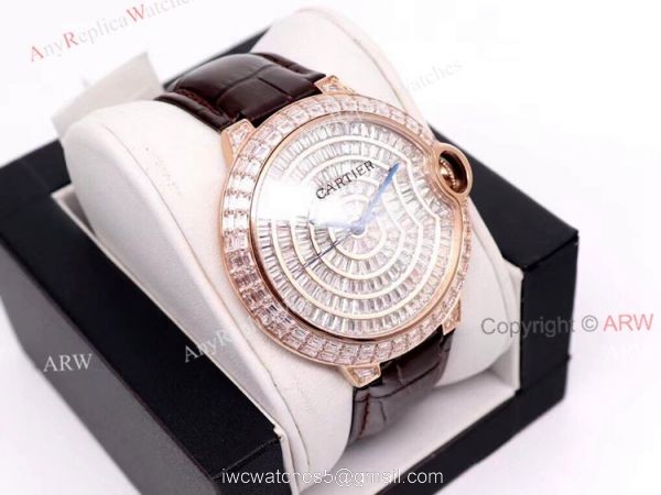 Replica Cartier Ballon Bleu 42mm Leather Strap Rose Gold Watch With Diamonds 1