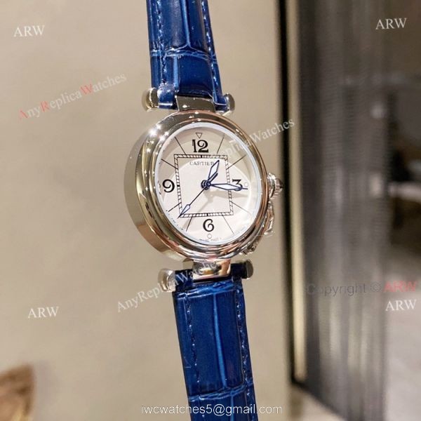 New Pasha De Cartier Watch 35mm white face blue leather strap replica 1