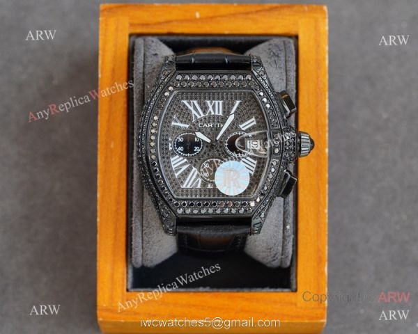 Iced Out Cartier Roadster All Black Watches Leather Strap 1