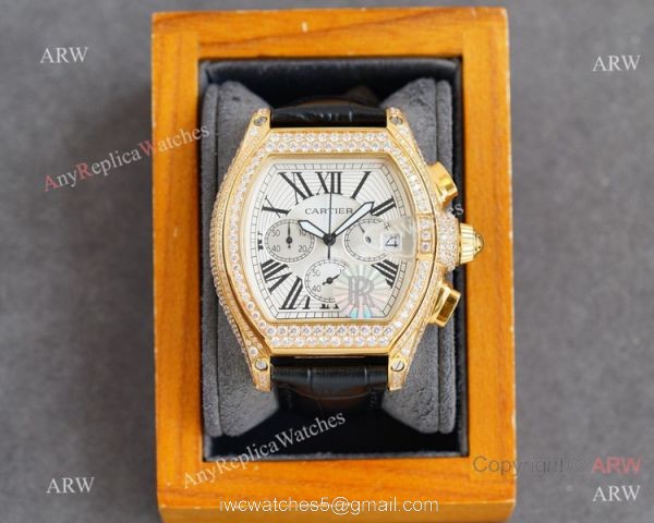 Iced Out Cartier Roadster Chronograph Watches Yellow Gold Case 1