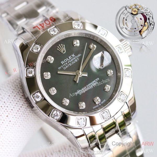 Swiss Replica Rolex Datejust Pearlmaster 81319 Watch Black Mother-Of-Pearl Stainless Steel 34mm 1