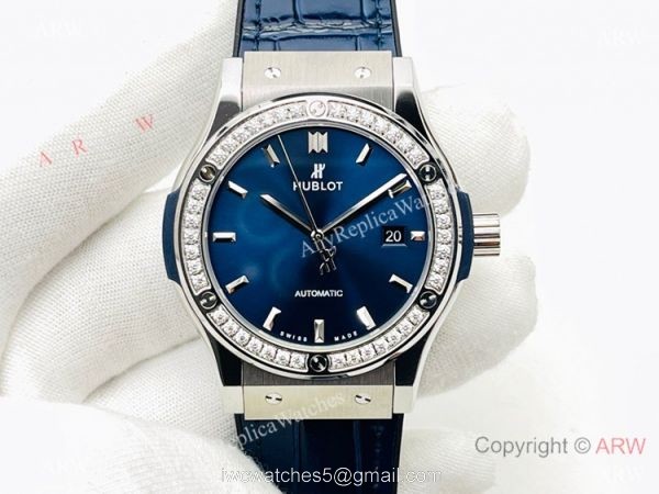 HB Factory V3 version Hublot Classic Fusion Swiss Hub1213 Watch Iced Out Silver Case Blue Dial 1