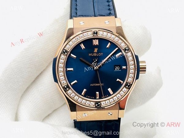 HB V3 version Hublot Classic Fusion Watch Iced Out Rose Gold Blue Dial Super Clone 1