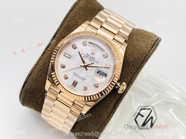 EW Factory V2 Super Clone Rolex Rose Gold DayDate 40 EWF 3255 White MOP Rose Gold Bracelet with nfc card 1