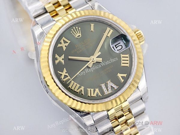 (EW)Swiss Replica Rolex 31-Datejust Watch IV Diamond Olive Green Dial Jubilee Strap 1
