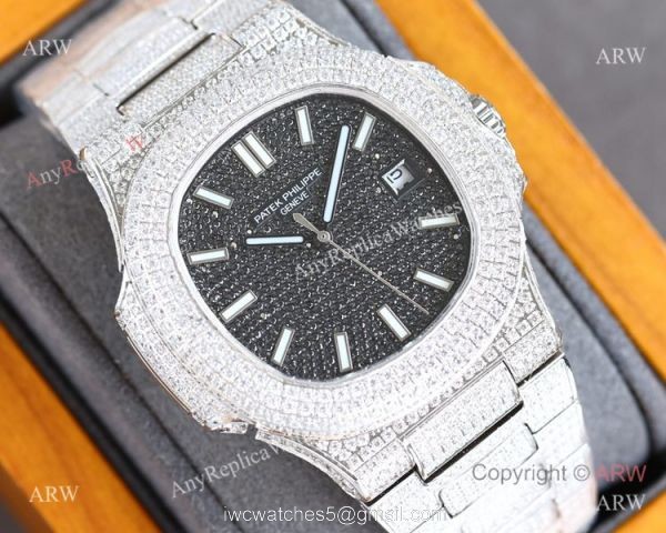 Swiss Grade One Patek Philippe Iced Out Nautilus 9015 Watch BlackSilver Diamond 1