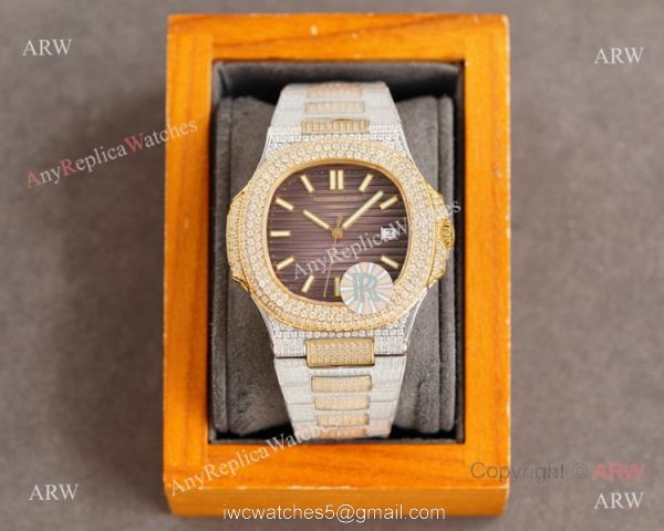Swiss Replica Patek Philippe Nautilus 9015 Ultra-thin Watch Two Tone Iced Out Case 1